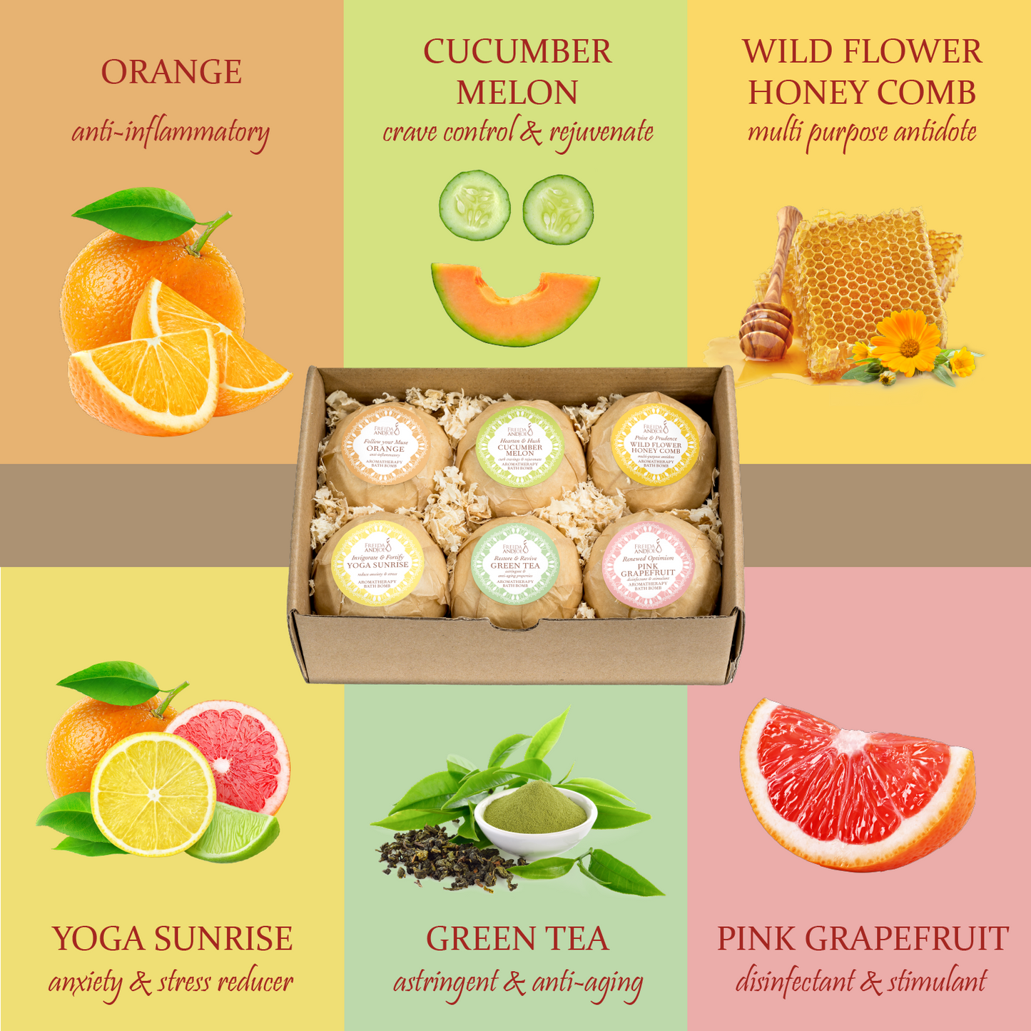 6 Different Calming Bath Bombs: Orange, Yoga Sunrise, Cucumber-Melon, Pink Grapefruit, & More