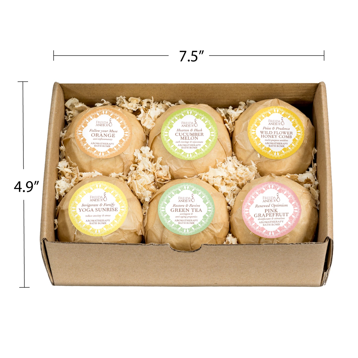 6 Different Calming Bath Bombs: Orange, Yoga Sunrise, Cucumber-Melon, Pink Grapefruit, & More