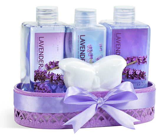 Lavender Gift Set for Women: Body Lotion, Bubble Bath, Shower Gel, and Bath Fizzer
