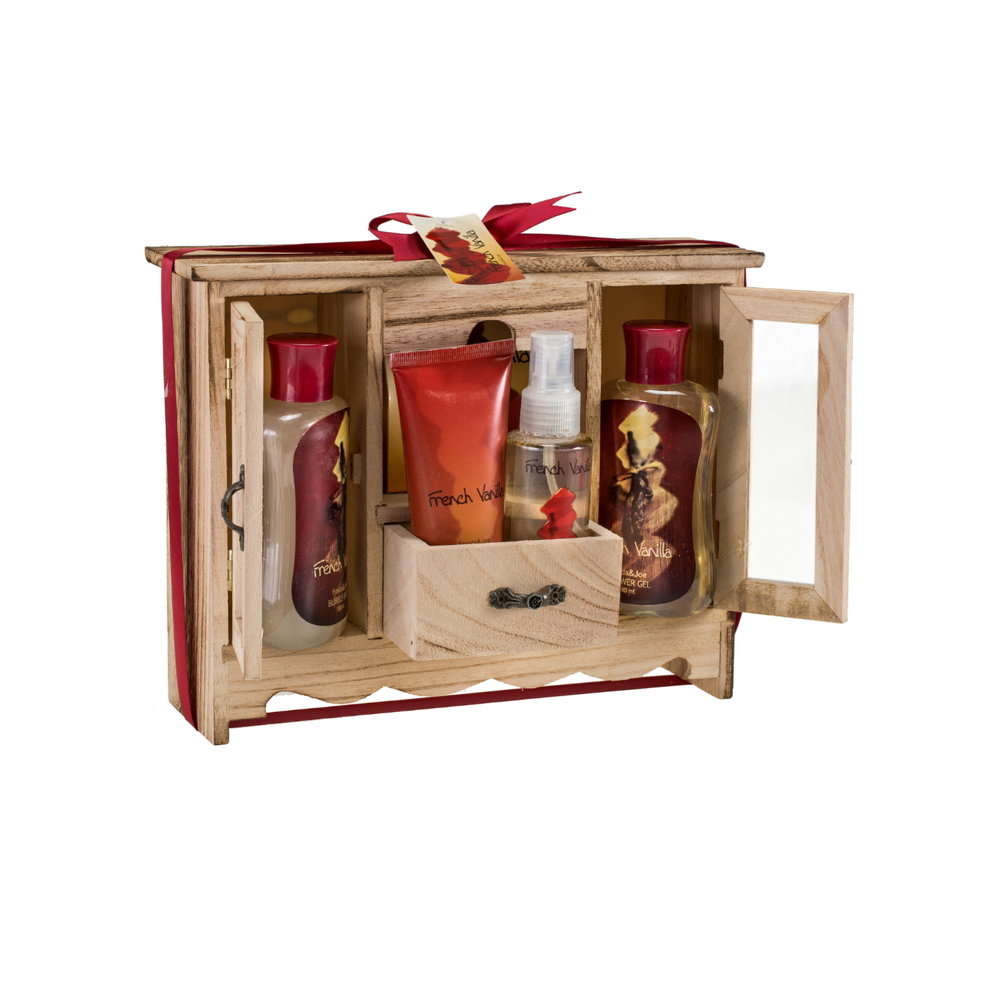 French Vanilla Spa Bath Gift Set in Natural Wood Curio With Refreshing Skin Care Products