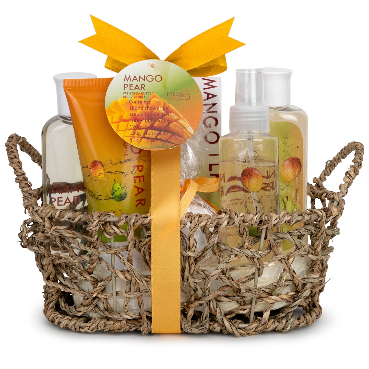 Tropical Mango-Pears Gift Basket: Shower Gel, Bubble Bath, Body Spray, Bath Bomb & More.