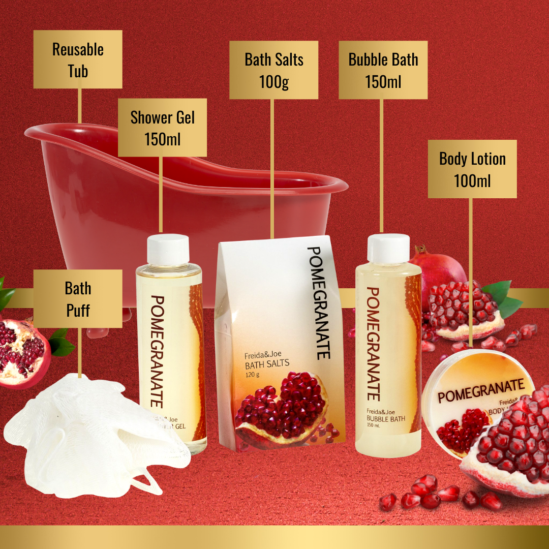 Pomegranate Bath Spa Basket: Bath Salts, Body Lotion, Shower Gel, Bubble Bath and Puff