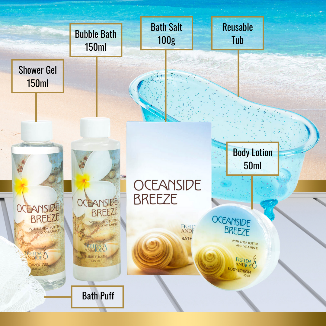 Oceanside Breeze Tub Bath Spa Set: Shower Gel, Bubble Bath, Body Lotion, Bath Salt, & Puff