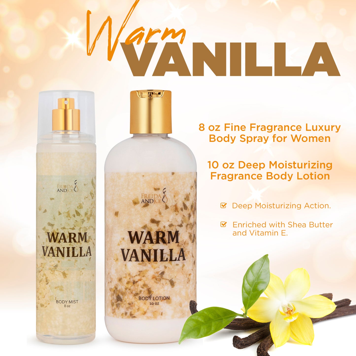 Warm Vanilla Fragrance 10oz Body Lotion and 8oz Body Mist Spray Bundle –  Freida & Joe