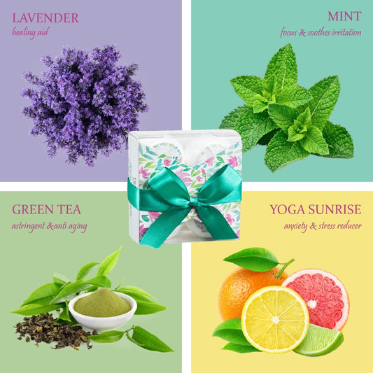 4 Bath Bombs With Essential Oils: Lavender, Mint, Yoga Sunrise, Green Tea.