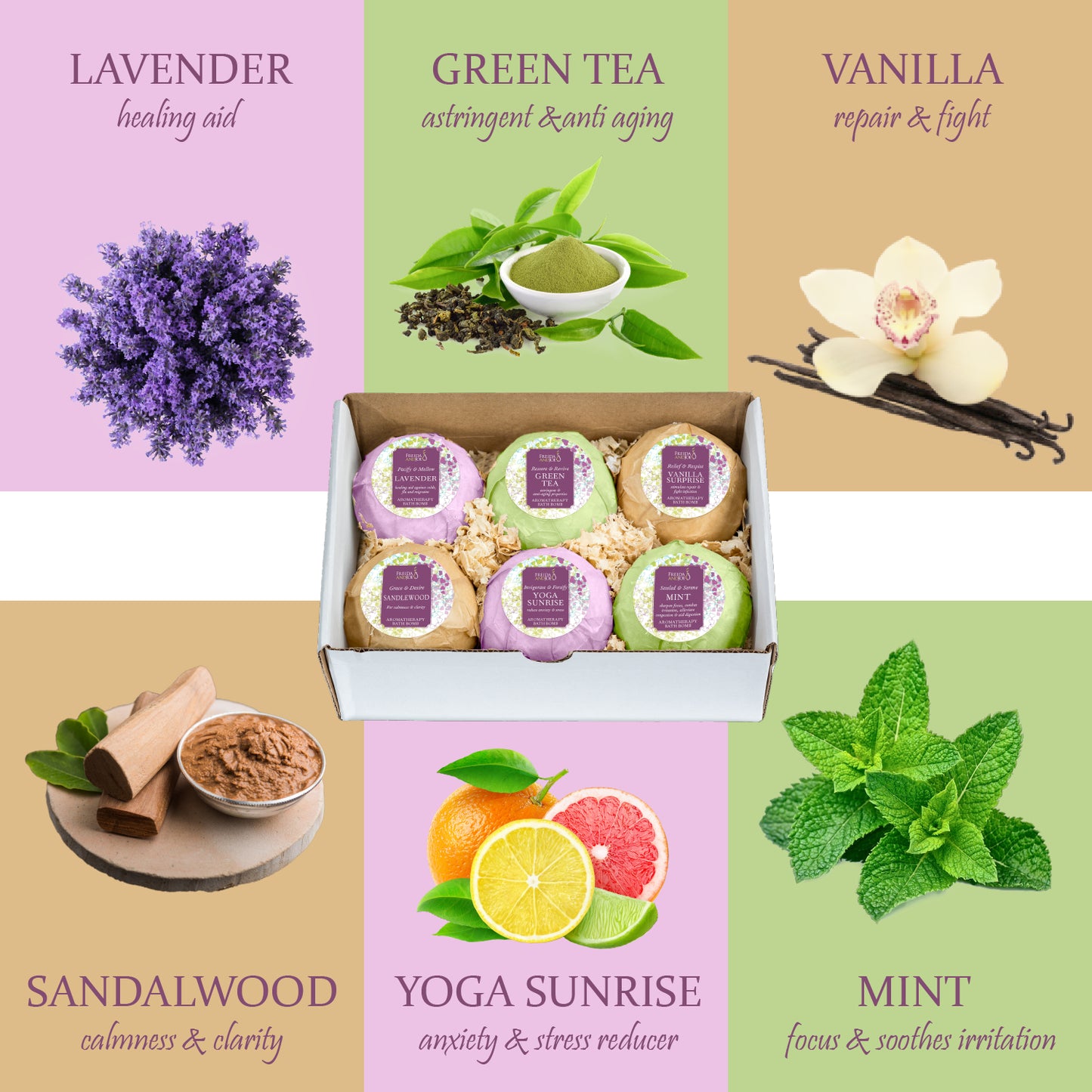 6 Different Calming Scents Bath Bombs: Vanilla, Mint, Lavender, Yoga Sunrise, Sandalwood, & Green Tea