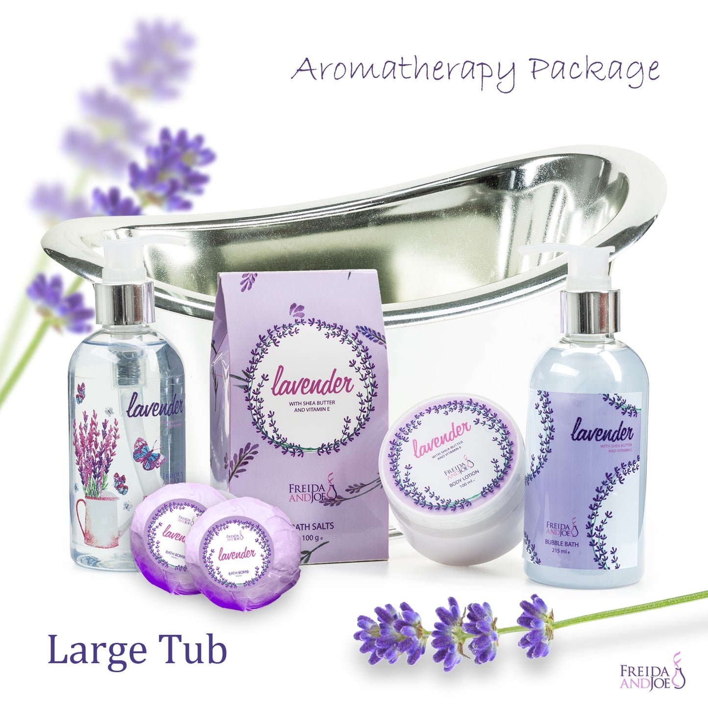 Lavender Bath Spa Set: Shower Gel, Bubble Bath, Body Lotion, Bath Bomb, Bath Salts