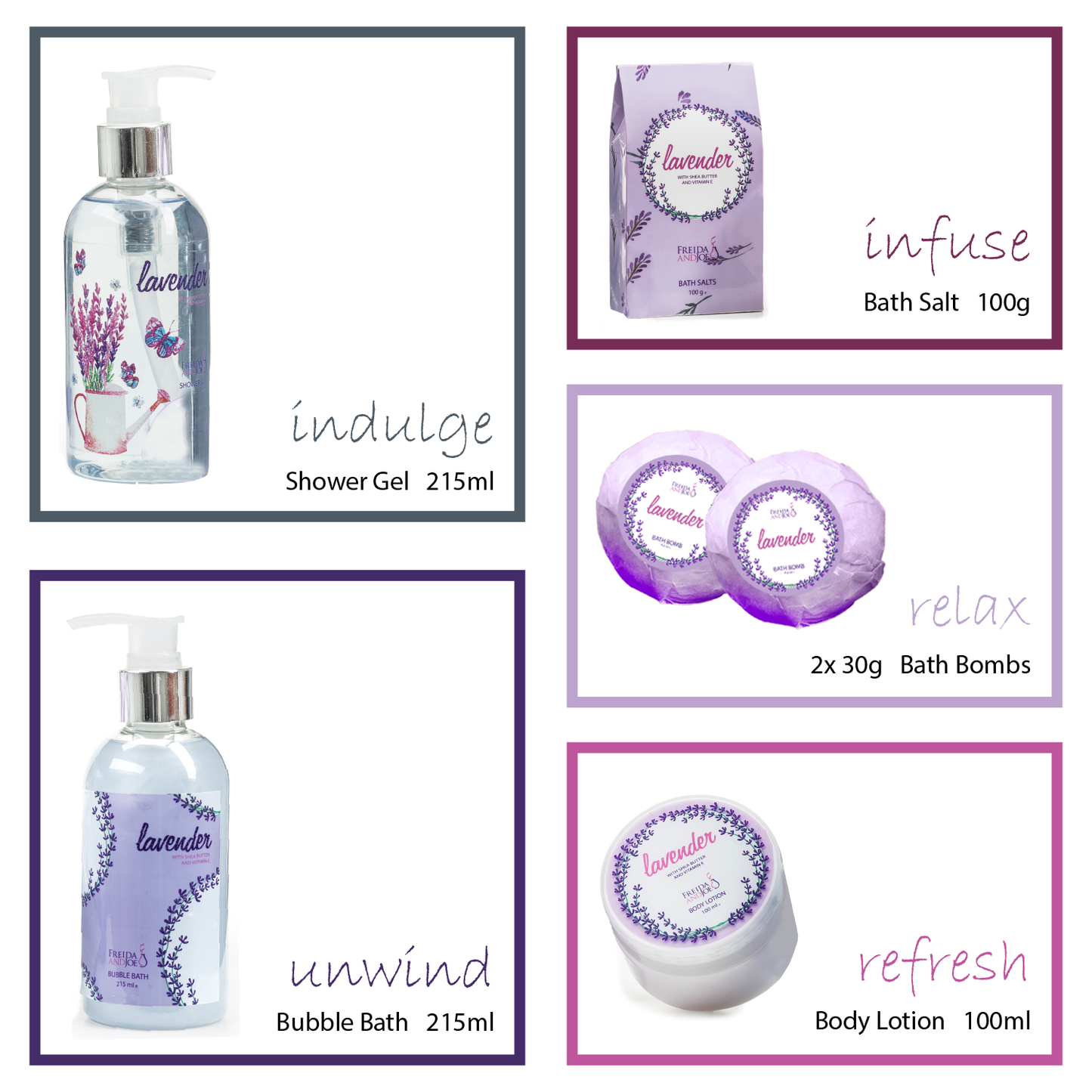 Lavender Bath Spa Set: Shower Gel, Bubble Bath, Body Lotion, Bath Bomb, Bath Salts