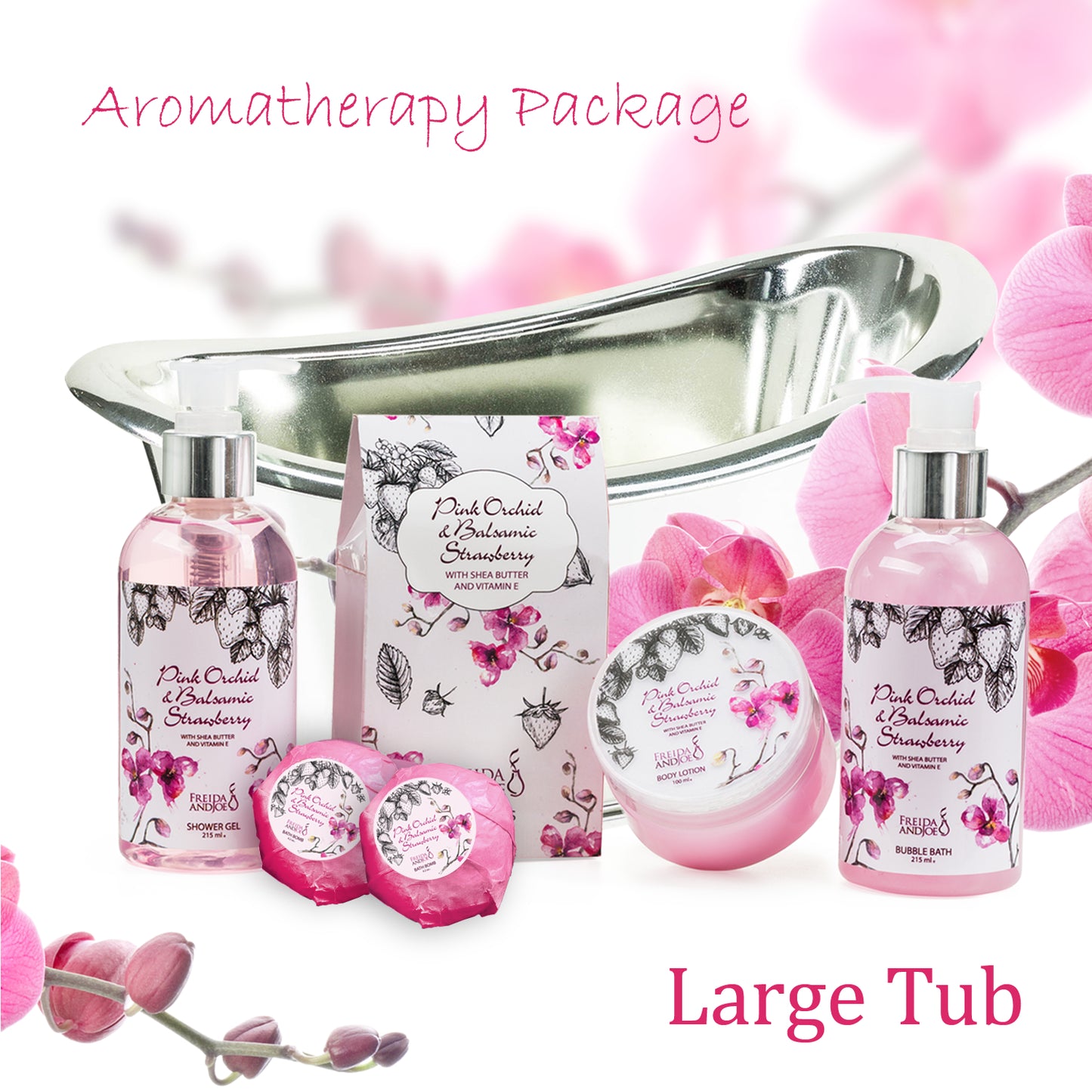 Pink Orchid Strawberry Spa: Bath Bombs, Body Lotion, Bath Salts, Shower Gel, Bubble Bath