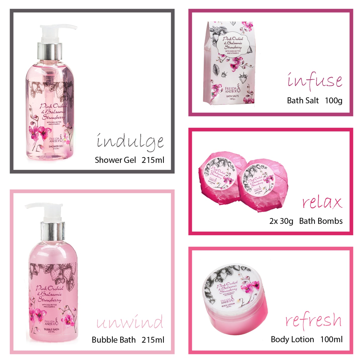 Pink Orchid Strawberry Spa: Bath Bombs, Body Lotion, Bath Salts, Shower Gel, Bubble Bath