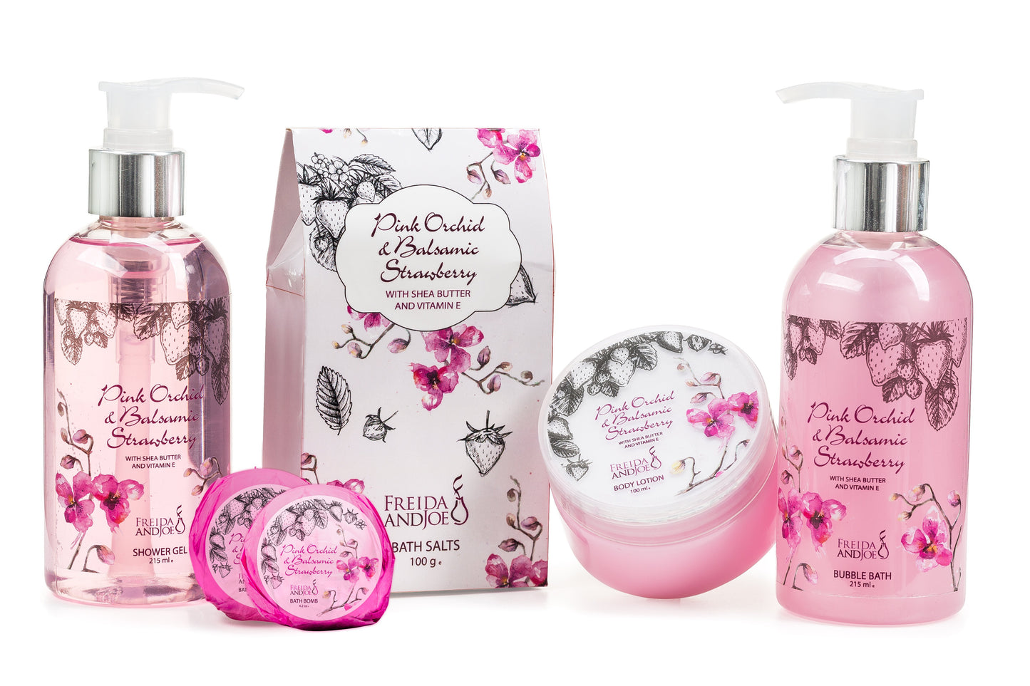 Pink Orchid Strawberry Spa: Bath Bombs, Body Lotion, Bath Salts, Shower Gel, Bubble Bath