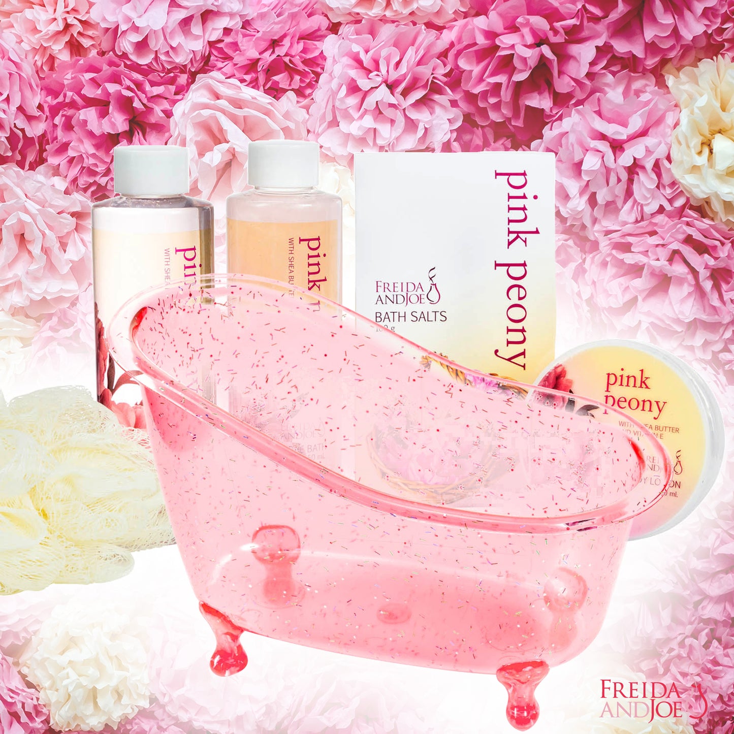 Pink Peony Tub Spa Basket, Shower Gel, Bubble Bath, Body Lotion, Bath Salts & Puff