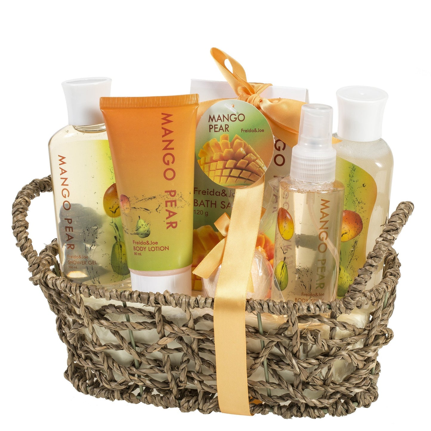 Tropical Mango-Pears Gift Basket: Shower Gel, Bubble Bath, Body Spray, Bath Bomb & More.