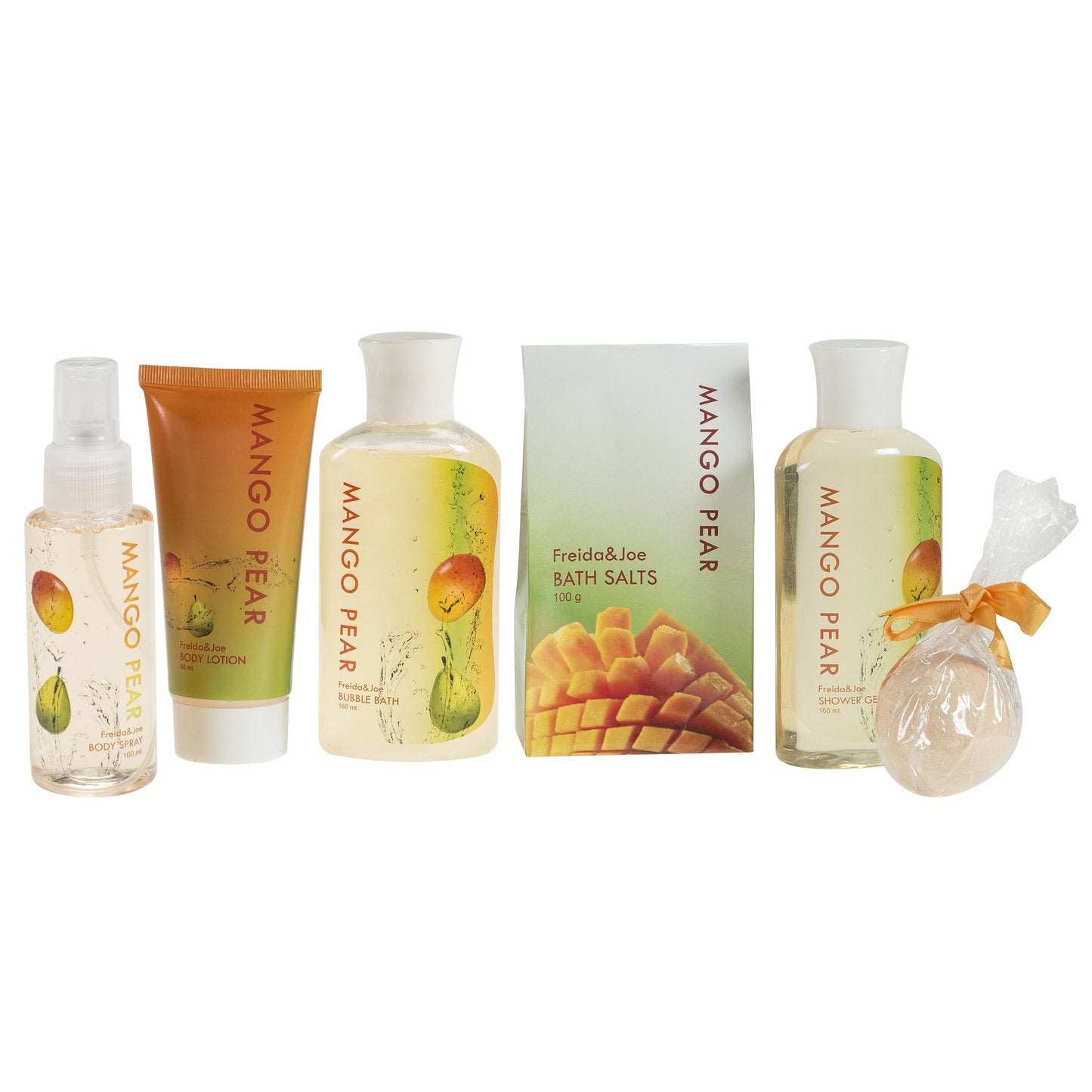 Tropical Mango-Pears Gift Basket: Shower Gel, Bubble Bath, Body Spray, Bath Bomb & More.