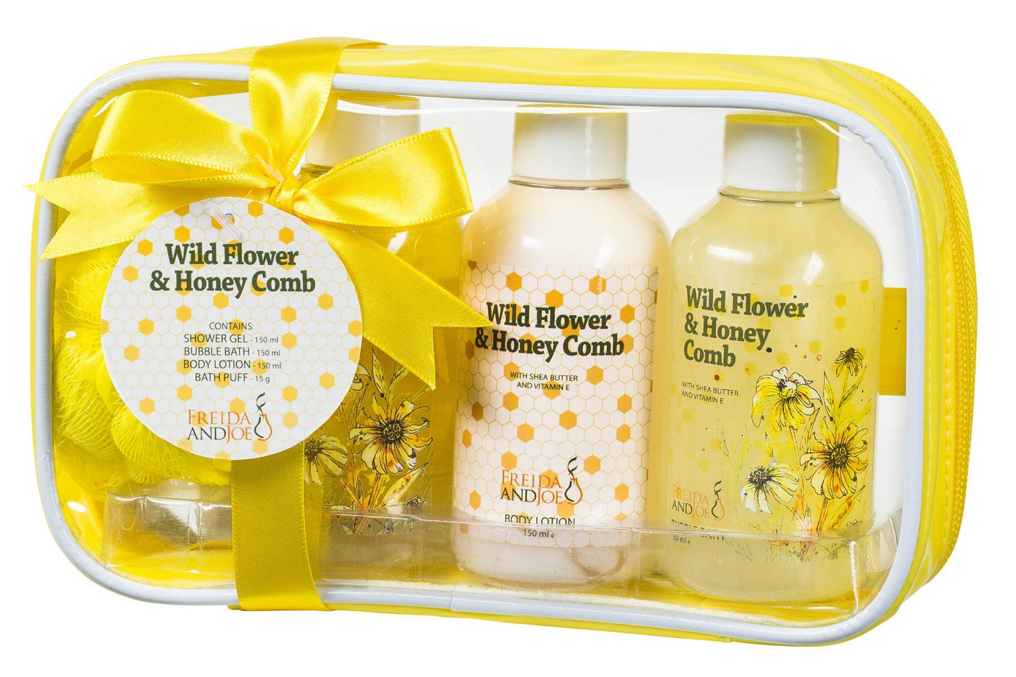 Wild Flower and Honey Comb Spa Gift Set: Shower Gel, Bubble Bath, Body Lotion, & Puff