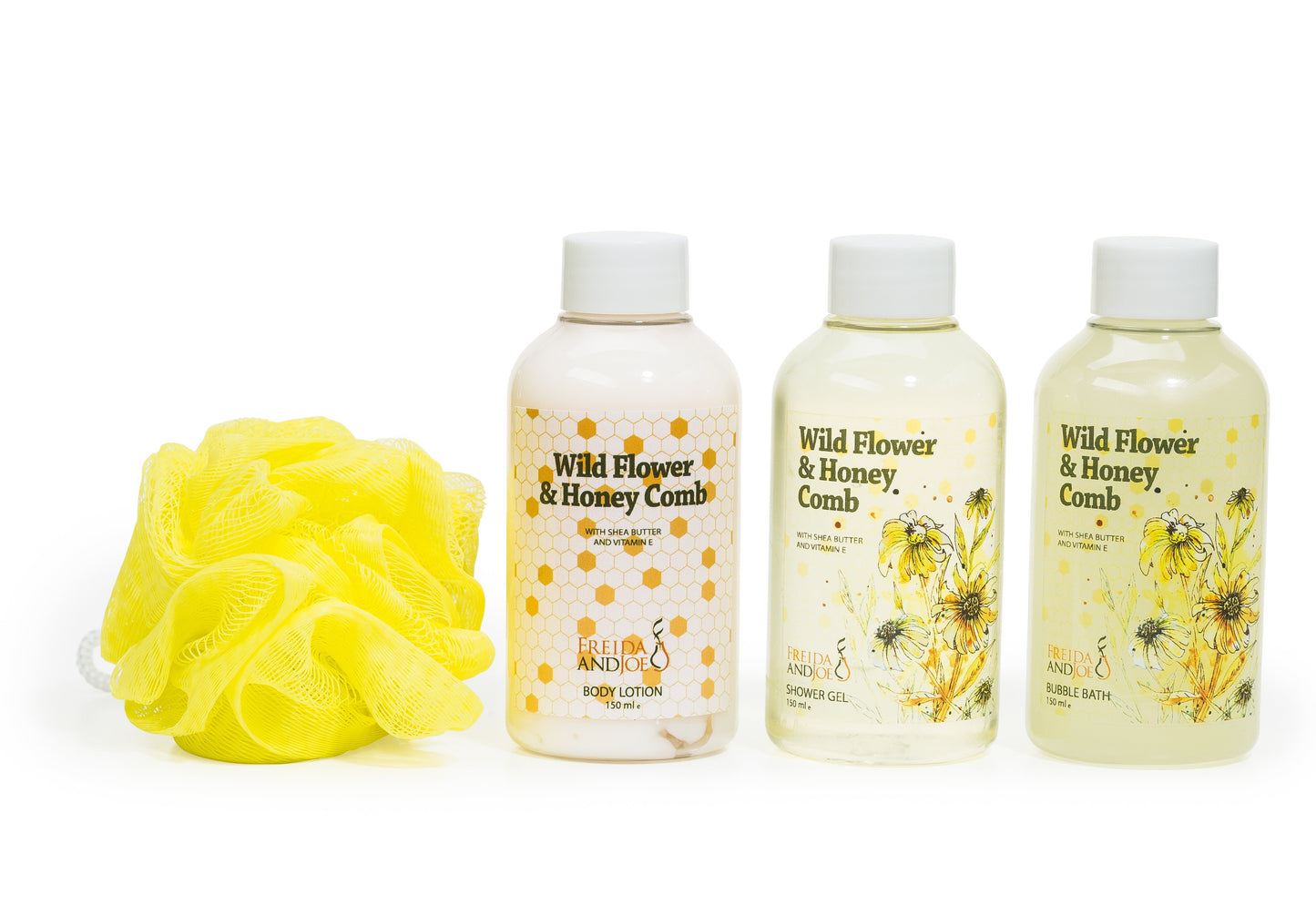 Wild Flower and Honey Comb Spa Gift Set: Shower Gel, Bubble Bath, Body Lotion, & Puff