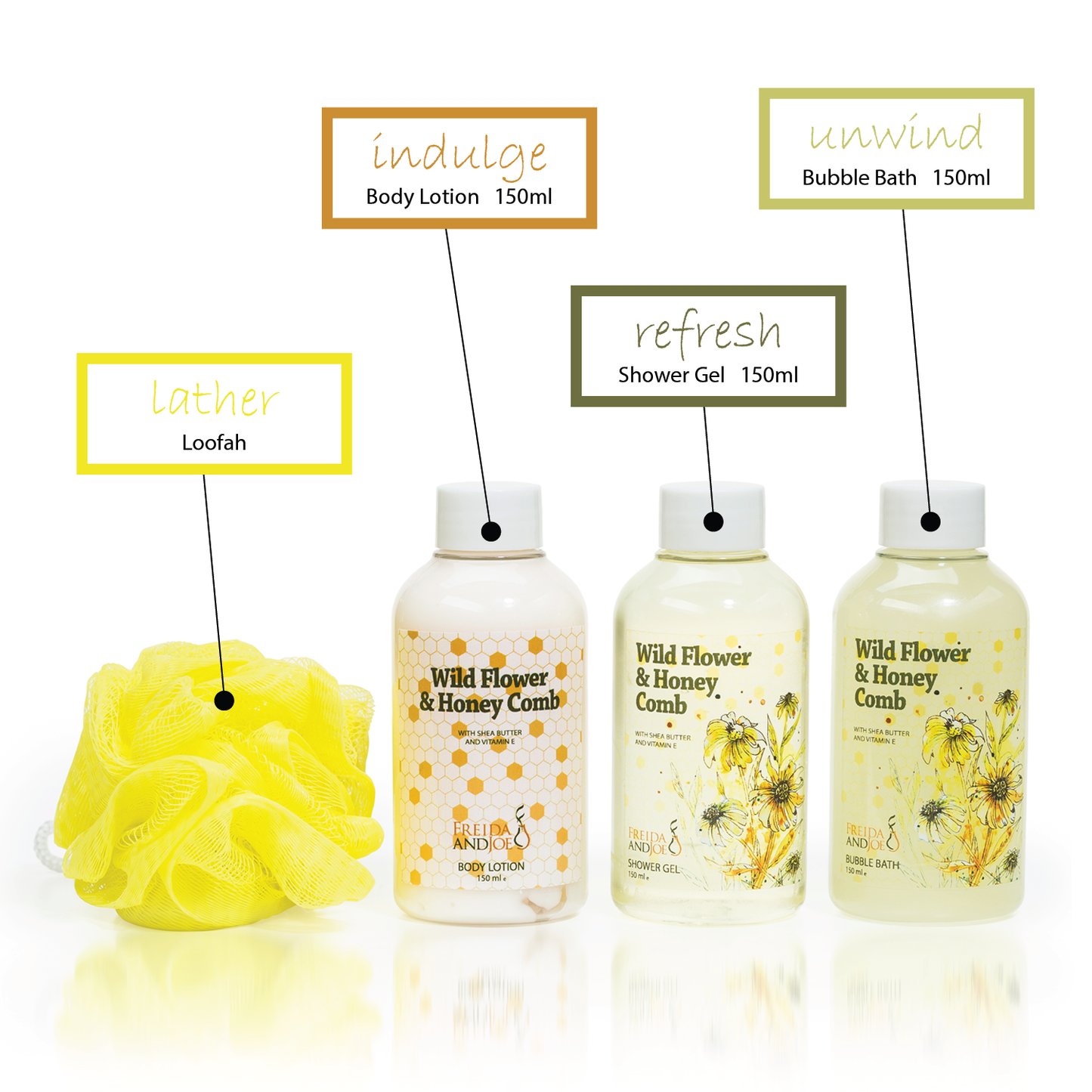 Wild Flower and Honey Comb Spa Gift Set: Shower Gel, Bubble Bath, Body Lotion, & Puff
