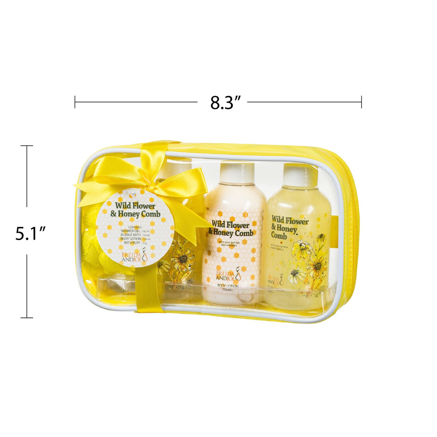 Wild Flower and Honey Comb Spa Gift Set: Shower Gel, Bubble Bath, Body Lotion, & Puff