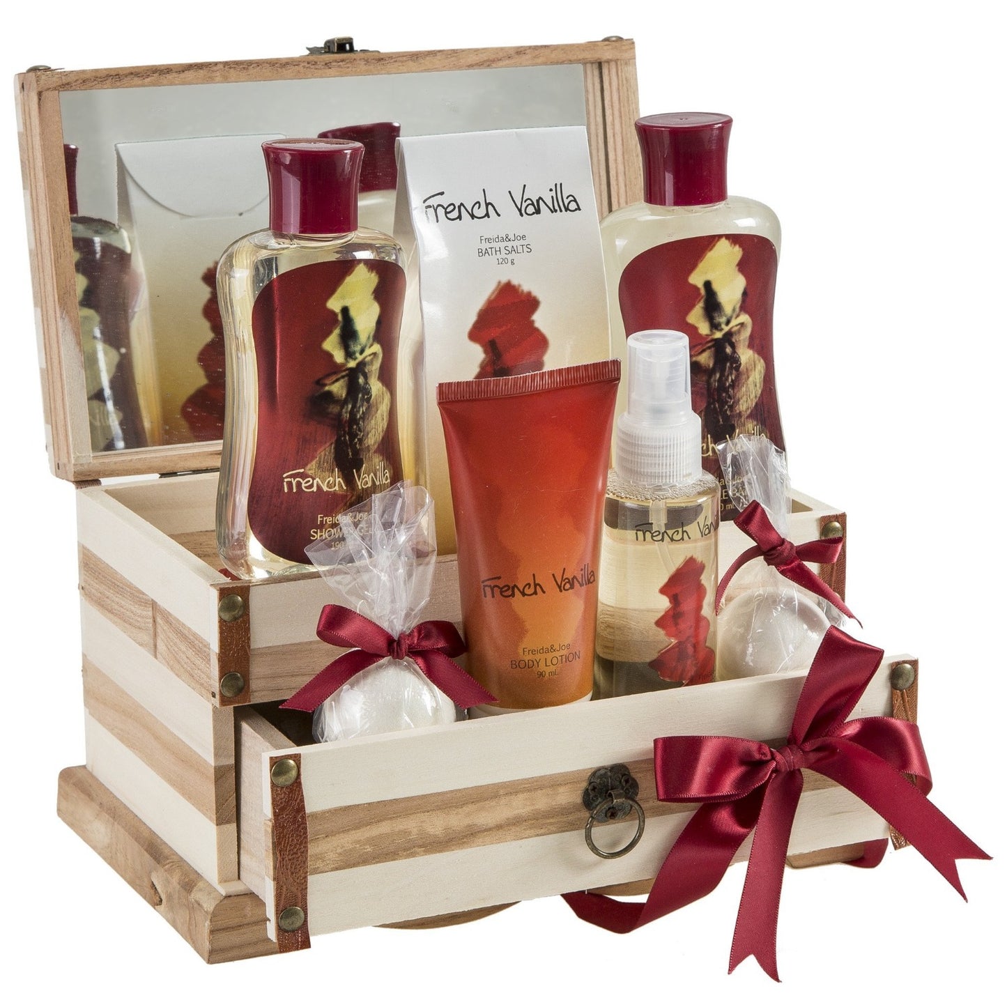 French Vanilla Set: Bath Bombs, Body Lotion, Body Spray, & More in a Wooden Jewelry Box