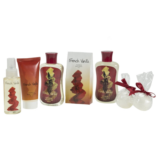 French Vanilla Set: Bath Bombs, Body Lotion, Body Spray, & More in a Wooden Jewelry Box