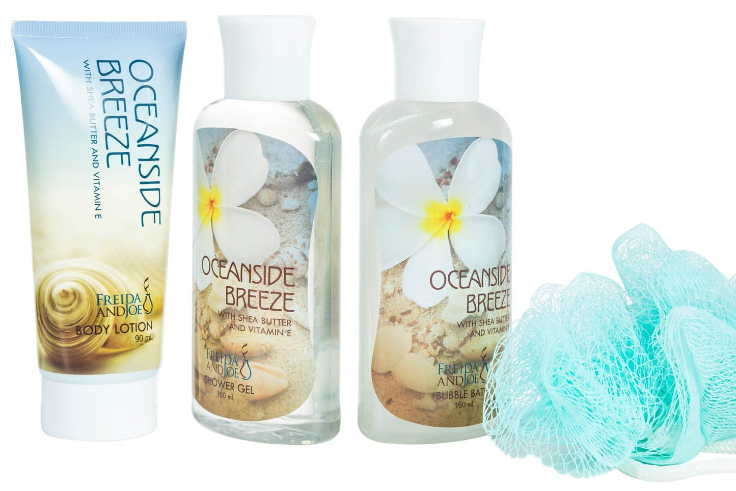 Oceanside Breeze Spa Bath Gift Set in Curio: Shower Gel, Bubble Bath, body Lotion & Puff