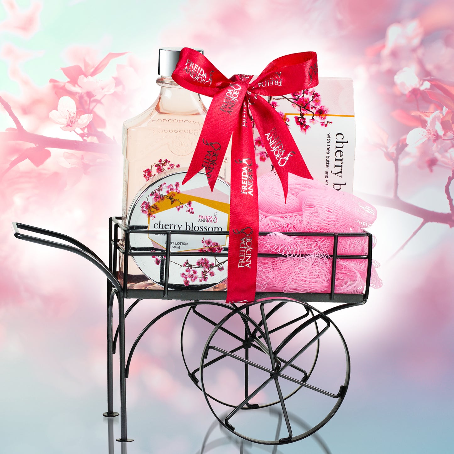 Cherry Blossom Bath & Body Spa Gift Set in Wheelbarrow Caddie