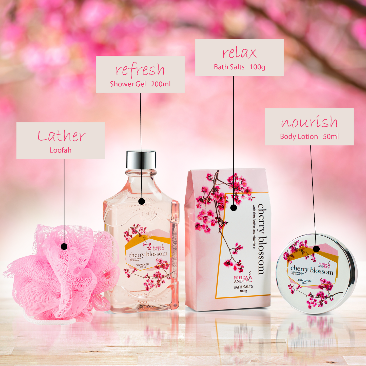 Cherry Blossom Bath & Body Spa Gift Set in Wheelbarrow Caddie