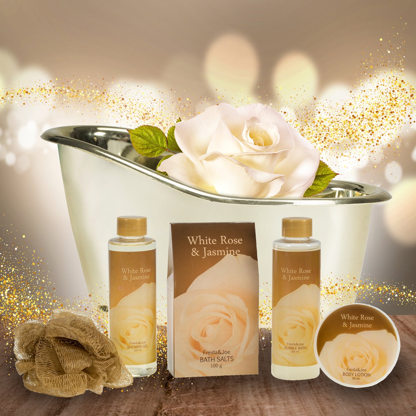 White Rose Jasmine Gold Tub Spa Basket: Shower Gel, Bubble Bath, Body Lotion, Bath Salts