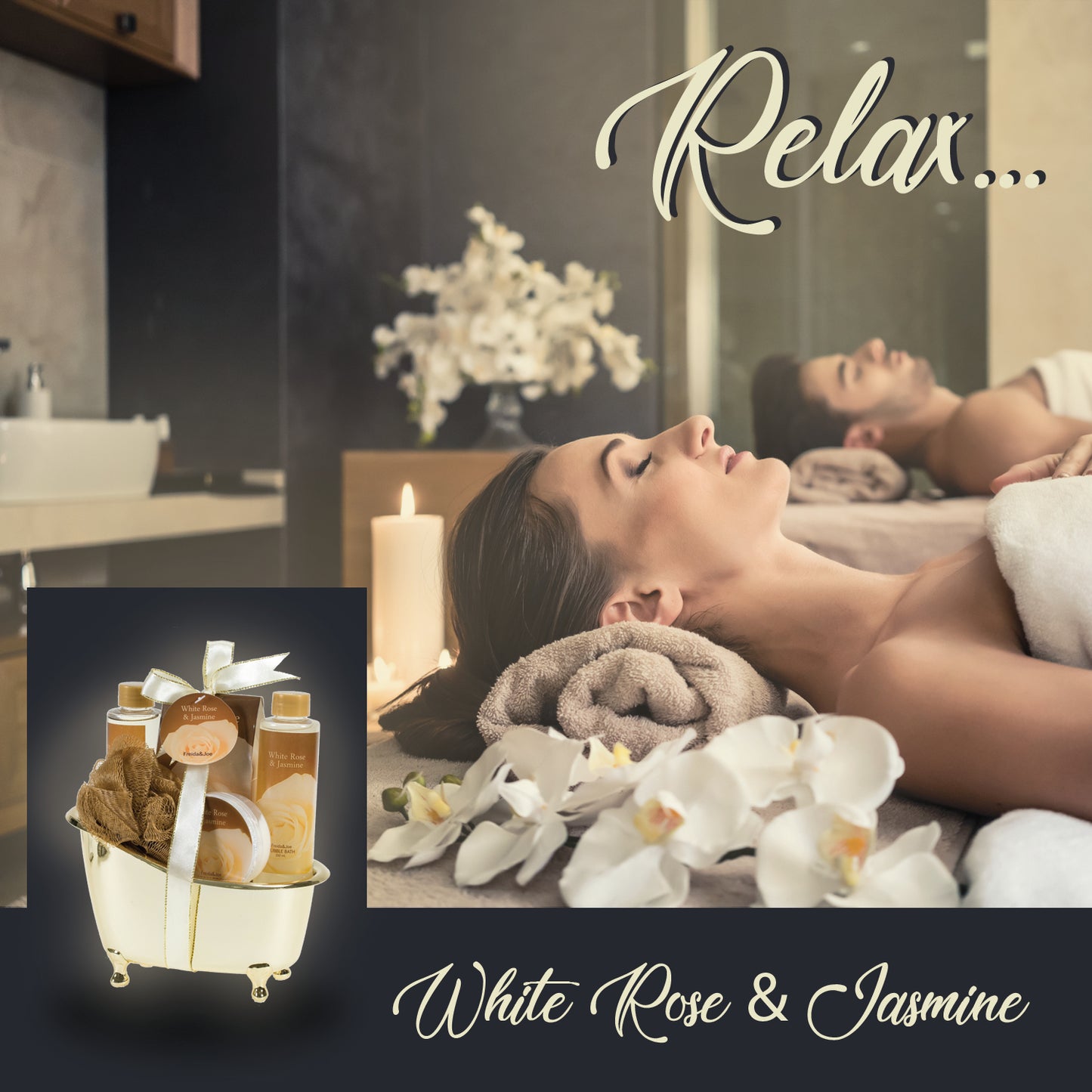 White Rose Jasmine Gold Tub Spa Basket: Shower Gel, Bubble Bath, Body Lotion, Bath Salts