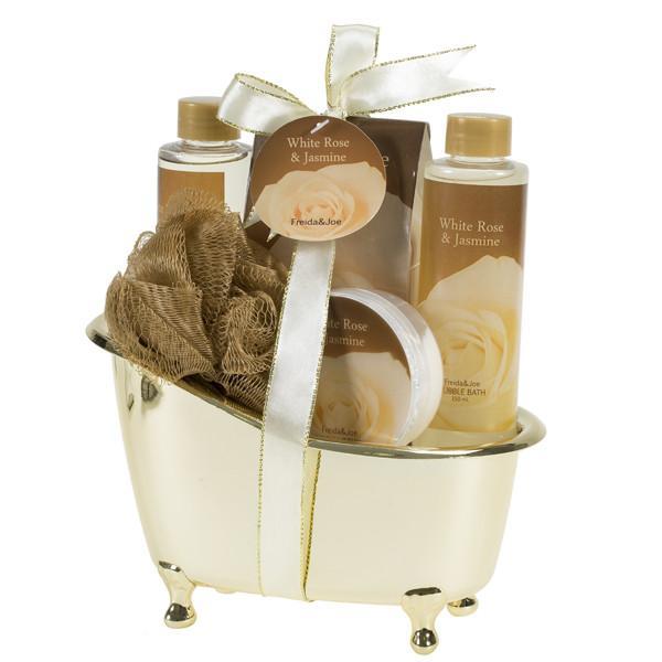 White Rose Jasmine Gold Tub Spa Basket: Shower Gel, Bubble Bath, Body Lotion, Bath Salts