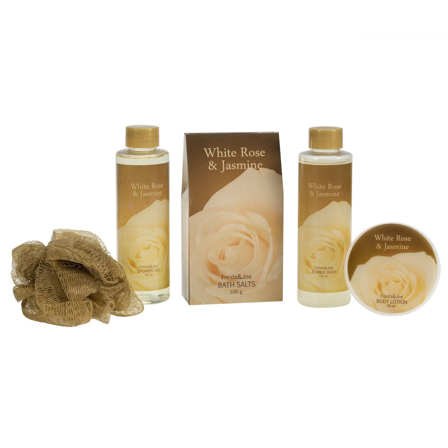 White Rose Jasmine Gold Tub Spa Basket: Shower Gel, Bubble Bath, Body Lotion, Bath Salts